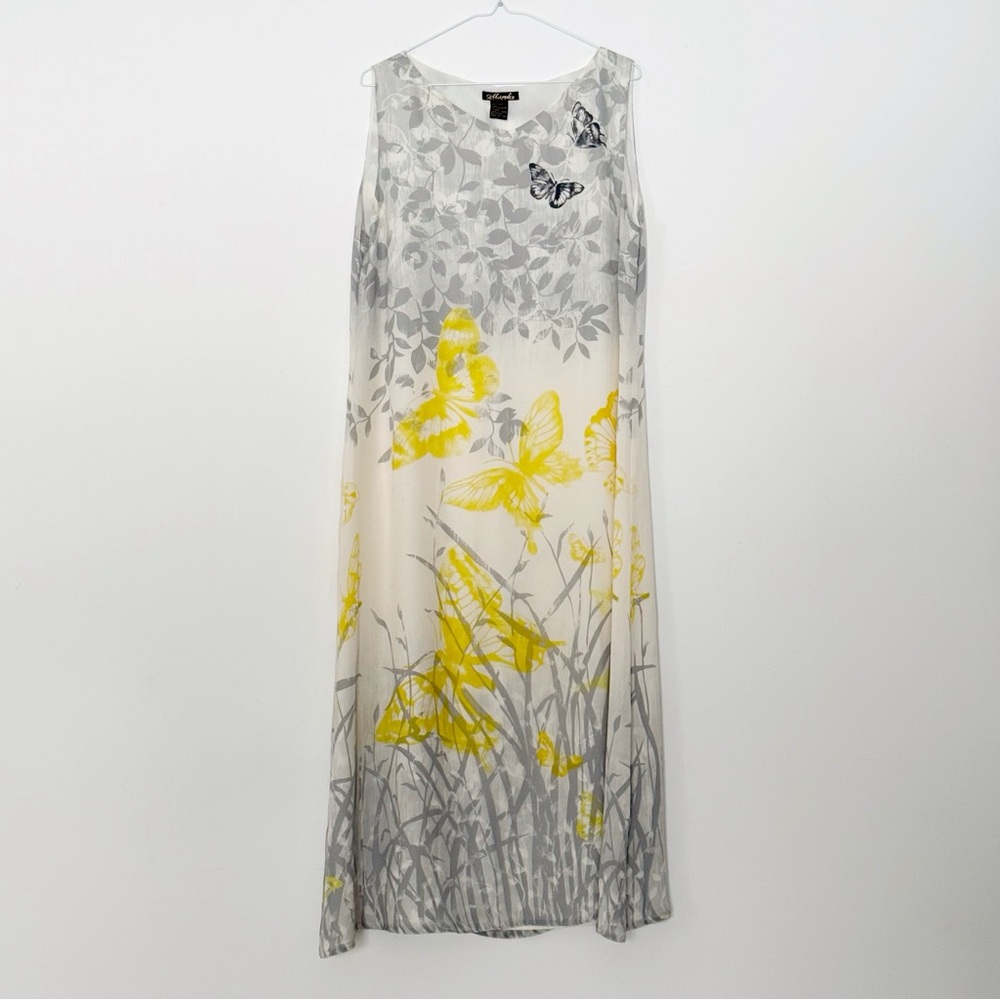 VTG 90s Y2K Mureli Woman Silk Gray Yellow Butterfly Floral RelaxMaxi Dress XL
